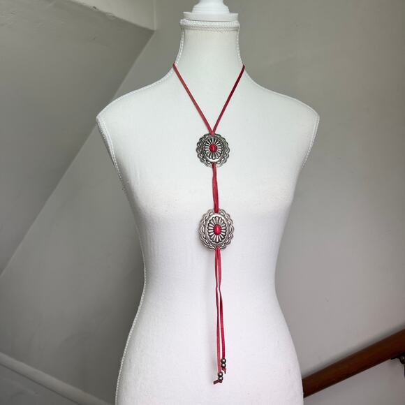 Vintage concho western rodeo necklace red leather laces stone inlay - Picture 1 of 8